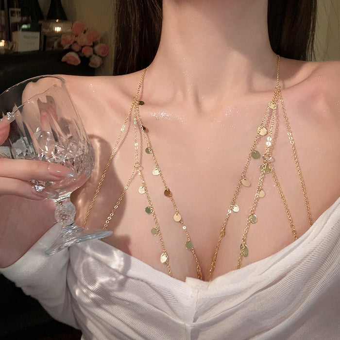 Geometric Alloy Sequin Body Chain Necklace For Women, Bold Exotic Chest And Back Jewelry