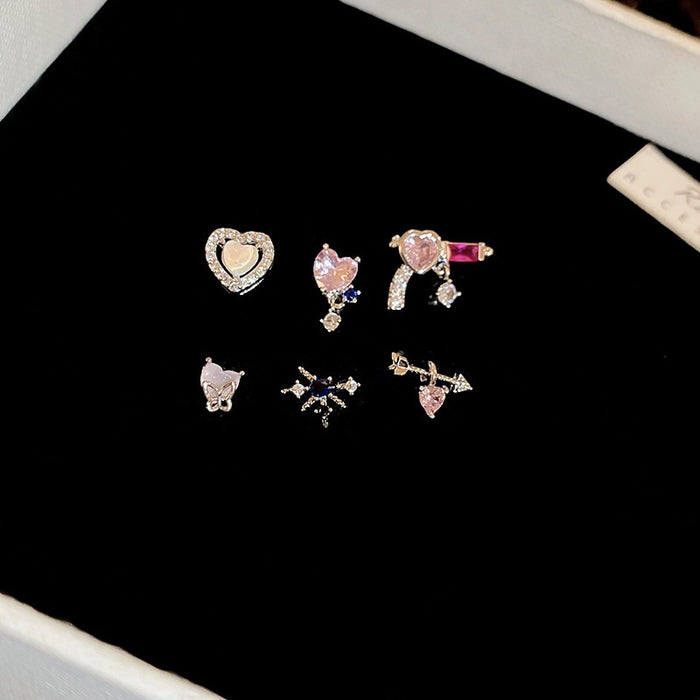 Korean Style Heart Zircon Stud Earrings With Silver Pins, Minimalist Sweet Fashion Jewelry