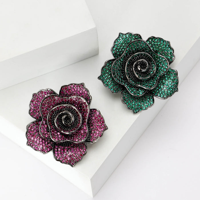 Copper Zircon Camellia Brooch Pin With Gold Plated Finish