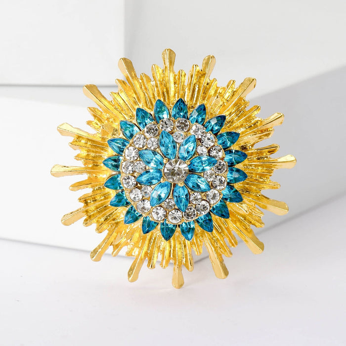 Alloy Rhinestone Sunflower Brooch Pin With Blue Gem Style Accent