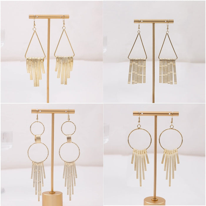 Elegant Gold Alloy Geometric Hollow Circle Triangle Long Chain Fringe Tassel Women's Earrings