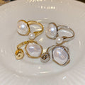 Gold Plated Irregular Round Oval Faux Pearl Open Ring French Light Luxury Geometric Ring view 3