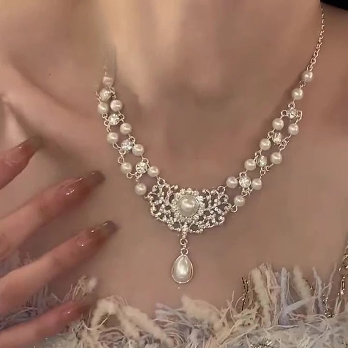 French Vintage Faux Pearl Rhinestone Baroque Geometric Y2K Choker Necklace