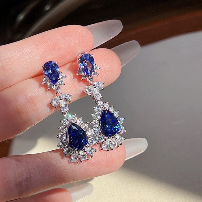 Luxury Blue Water Drop Full Rhinestone Stud Earrings, Bridal Simulated Diamond Jewelry For Women