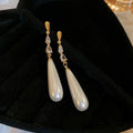 French Light Luxury Gold Plated Copper Teardrop Pearl Tassel Drop Earrings With Zirconia view 2