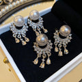 French OL Style Faux Pearl Rhinestone Round Tassel Drop Earrings For Women view 1