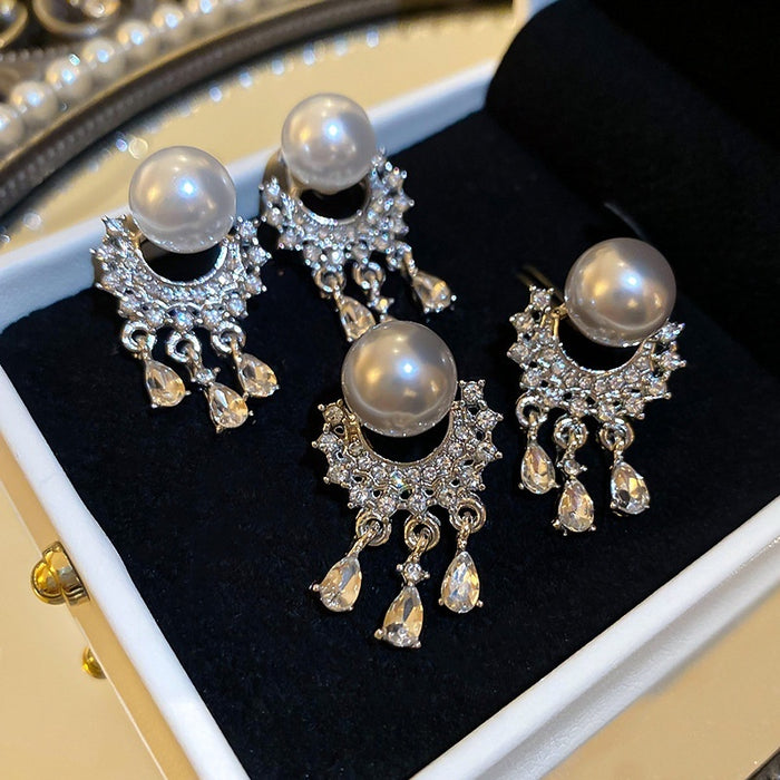 French OL Style Faux Pearl Rhinestone Round Tassel Drop Earrings For Women