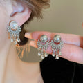 French OL Style Faux Pearl Rhinestone Round Tassel Drop Earrings For Women view 2