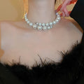 French Vintage Geometric Faux Pearl Choker Necklace, Elegant Round Bead Statement Jewelry view 3