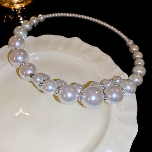 French Vintage Geometric Faux Pearl Choker Necklace, Elegant Round Bead Statement Jewelry
