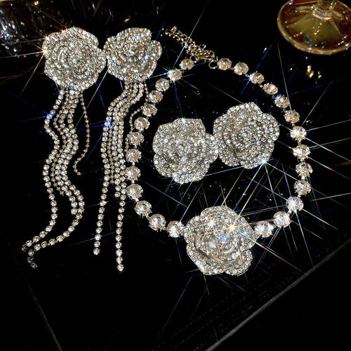 Alloy Rhinestone Flower Tassel Earrings And Necklace Jewelry Set Minimalist Light Luxury Style