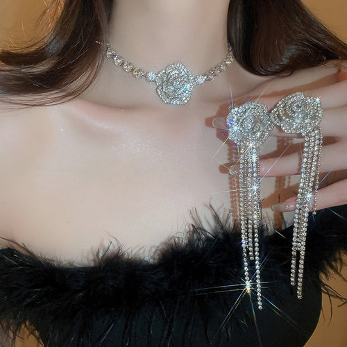 Alloy Rhinestone Flower Tassel Earrings And Necklace Jewelry Set Minimalist Light Luxury Style
