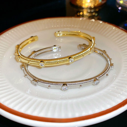 Gold Plated Copper Zircon Brushed Vintage Court Style Open Bangle For Women