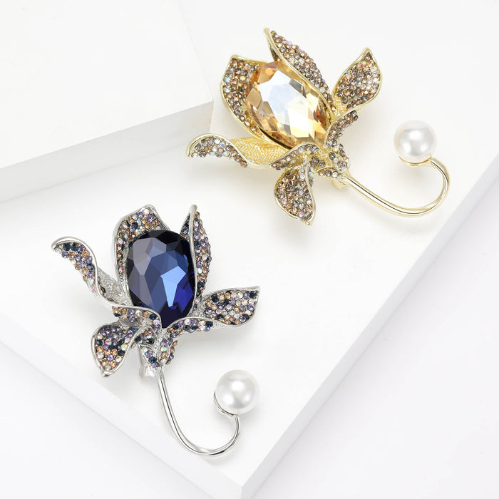 Alloy Pearl Crystal Orchid Brooch Pin For Dresses And Suits