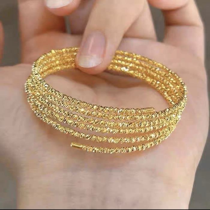 Gold Plated Copper Multi Layer Open Beaded Bangle With Crushed Silver Minimalist Elegant Style