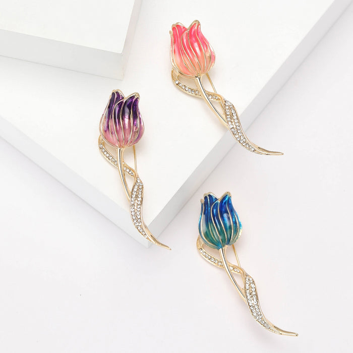 Alloy Enamel Tulip Brooch With Rhinestones For Dress And Suit