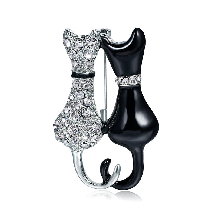 Black Silver Tone Cat Crystal Metal Brooch Pin for Jackets and Lapels