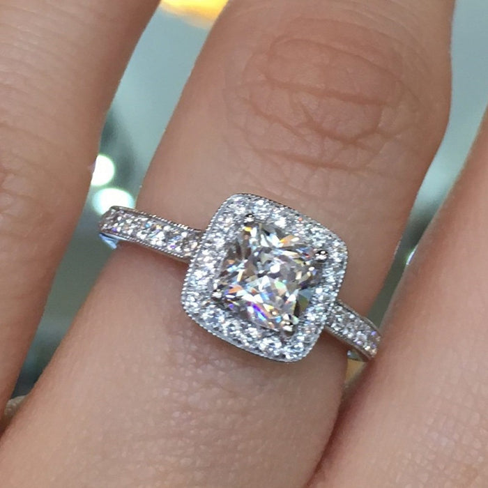 Eight Hearts Eight Arrows Princess Cut Zircon Ring, European Four Prong Geometric Women's Ring