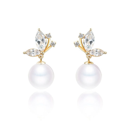 Akoya Style Butterfly Bow Pearl Stud Earrings, Round Faux Pearl Chic Earrings For Women