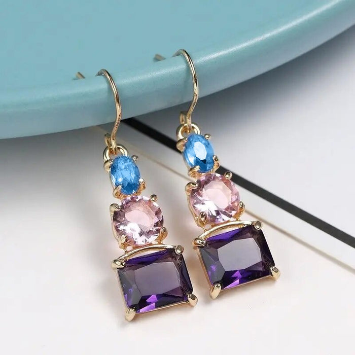 Fashion Purple Drop Earrings With Blue Pink Mixed Color Zircon, Elegant Medium Long Ear Jewelry