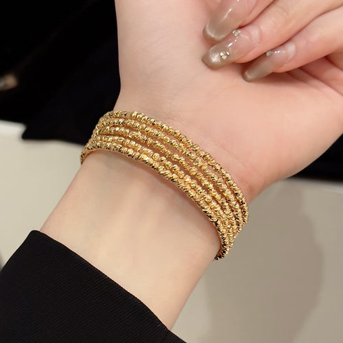 Gold Plated Copper Five Layer Open Bangle With Crushed Silver Beads Light Luxury Women's Jewelry