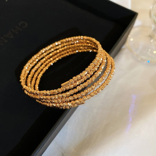 Gold Plated Copper Five Layer Open Bangle With Crushed Silver Beads Light Luxury Women's Jewelry