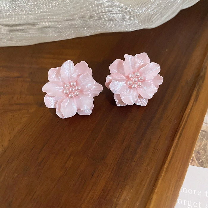 Silver Needle Flower Pearl Stud Earrings Korean Sweet Minimalist Fresh Everyday Office Jewelry