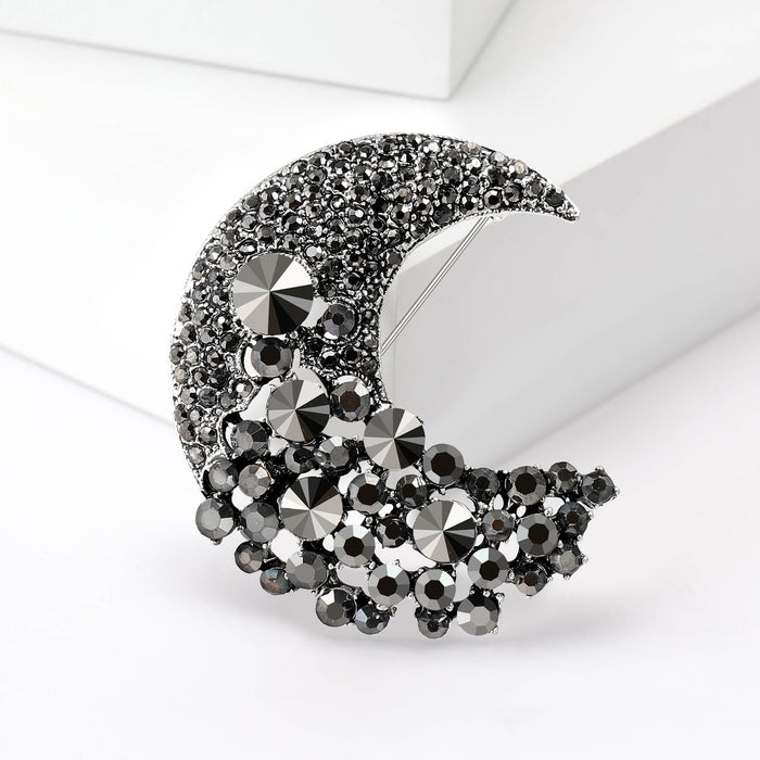 Alloy Black Rhinestone Moon Brooch Pin For Fashion Clothing