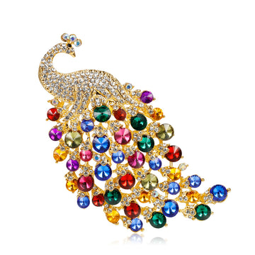Blue Gold Tone Peacock Crystal Metal Brooch Pin for Jackets and Lapels