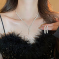 Copper Zircon Geometric Tassel Necklace Earrings Jewelry Set, Minimalist Luxury Clavicle Chain view 2