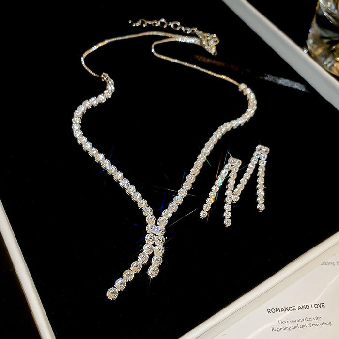 Copper Zircon Geometric Tassel Necklace Earrings Jewelry Set, Minimalist Luxury Clavicle Chain