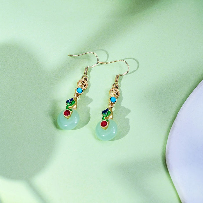 Elegant Chinese Style Alloy Zircon Cloud Motif Peace Buckle Jade Disc Hanfu Dangle Earrings