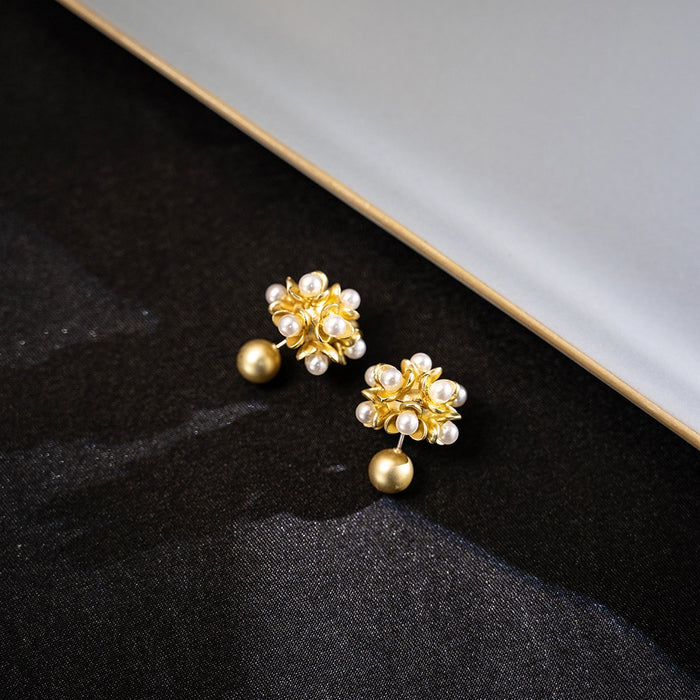 Vintage Matte Gold Alloy Flower Pearl Stud Drop Detachable Two-Way Elegant French Style Earrings