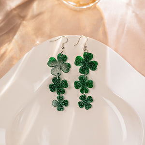Green Glitter Shamrock Clover Acrylic Drop Dangle Earrings For St Patrick's Day Lucky Flower Earrings