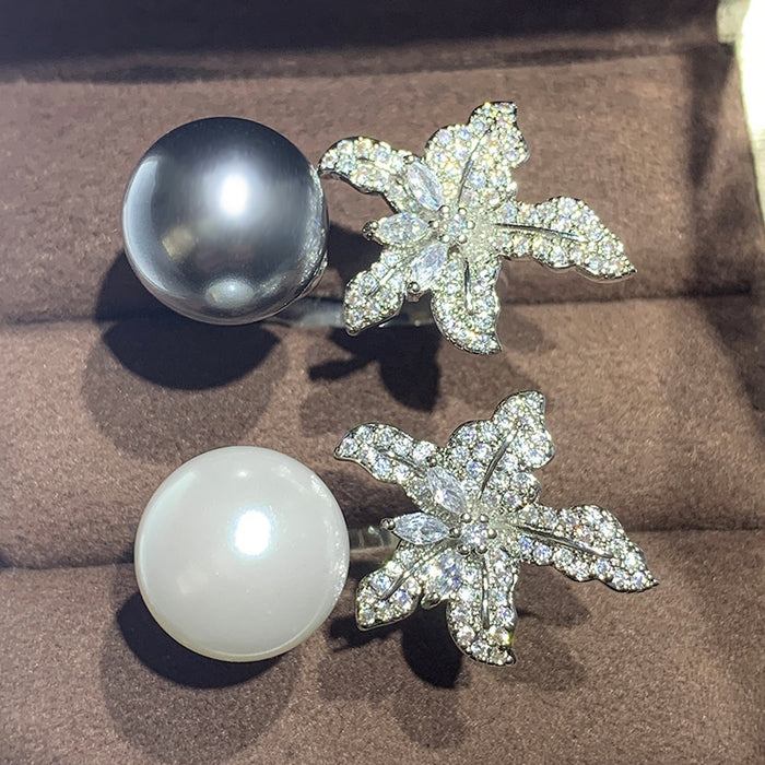 New Inlaid Faux Pearl Flower Starfish Open Adjustable Fashion Ring For Women