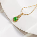 Light Luxury Emerald Green Water Drop Pendant Necklace With Hollow Rhinestone Vintage Style view 2