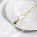 Light Luxury Emerald Green Water Drop Pendant Necklace With Hollow Rhinestone Vintage Style view 1