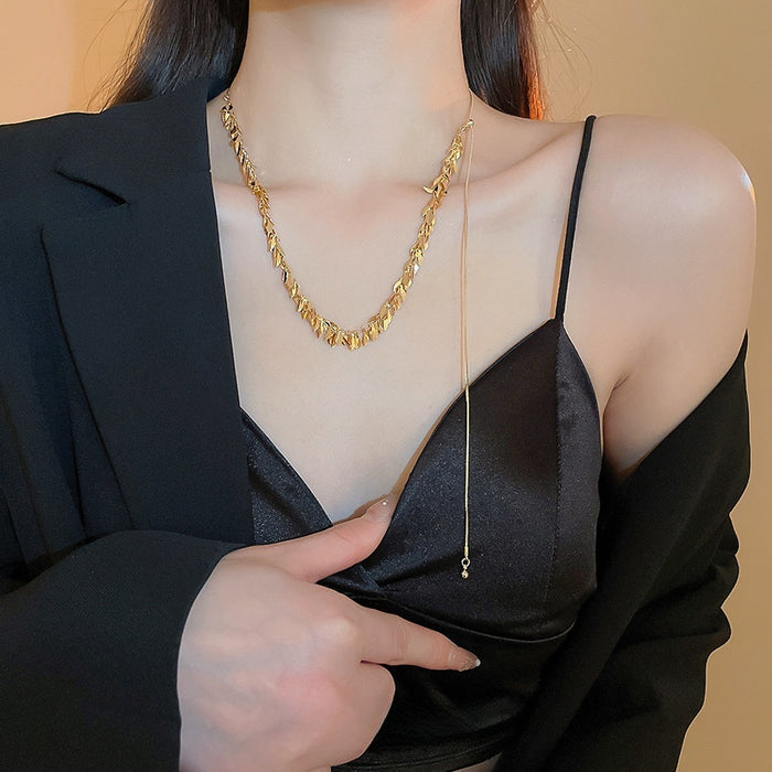 Luxe Alloy Wheat Ear Sequin Tassel Choker Necklace For Women Geometric Minimalist Clavicle Chain