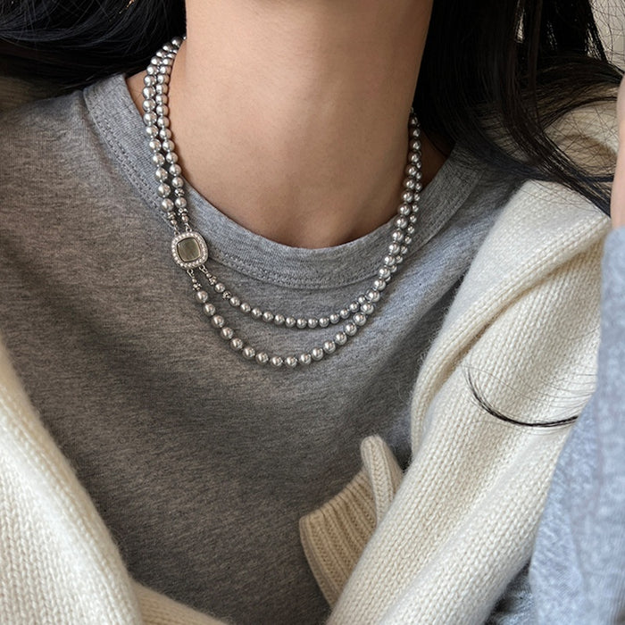 French Vintage Double Layer Geometric Faux Pearl Zircon Beaded Collarbone Necklace