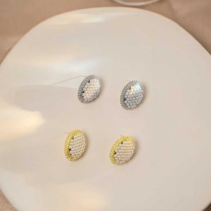 Vintage Geometric Oval Pearl Studs With Alloy Rhinestone Trim Elegant Light Luxury Women's Earrings