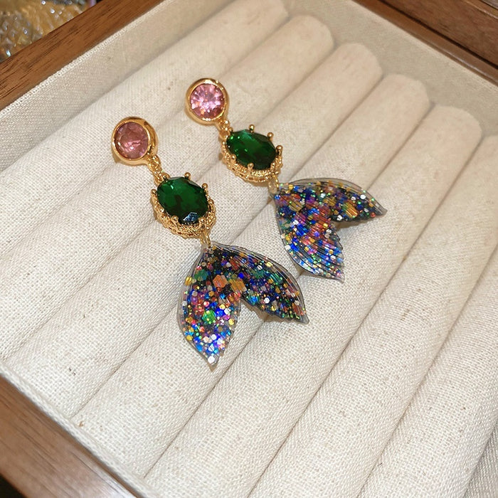 Alloy Goldfish Mermaid Tail Rhinestone Stud Earrings Chic Vintage Statement Jewelry