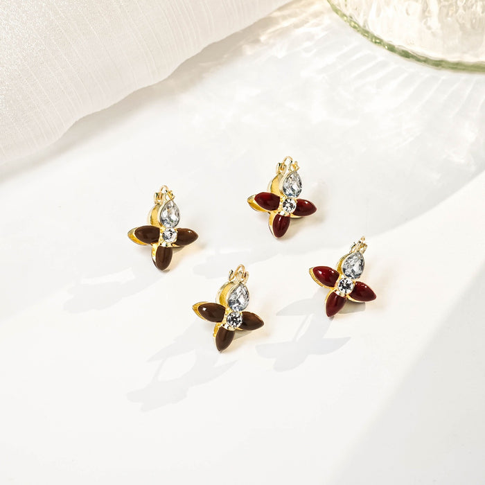 Vintage Hong Kong Style Double Sided Enamel Flower Rhinestone Alloy Luxury Brown Red Ear Cuff Earrings