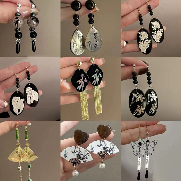 New Chinese Style Alloy Teardrop Bamboo Fan Butterfly Drop Earrings For Women