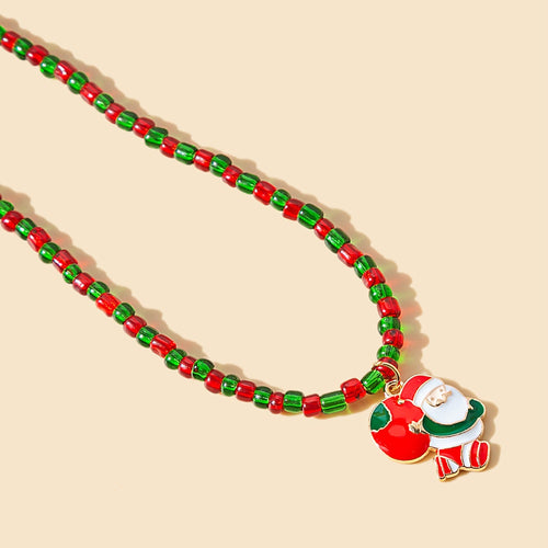 European American Christmas Colorblock Beaded Enamel Santa Wreath Tree Necklace For Women