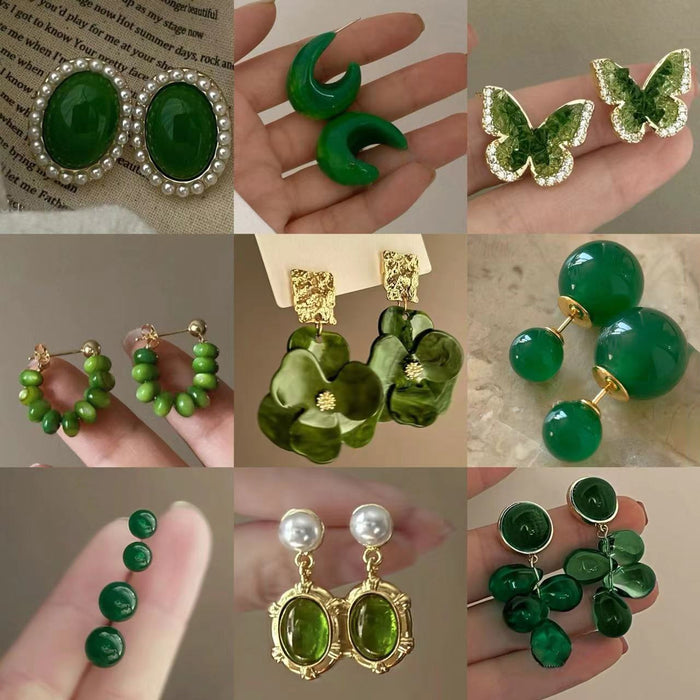 Green Butterfly Flower Faux Pearl Stud Earrings, Fresh Summer Fashion Silver Needle Jewelry