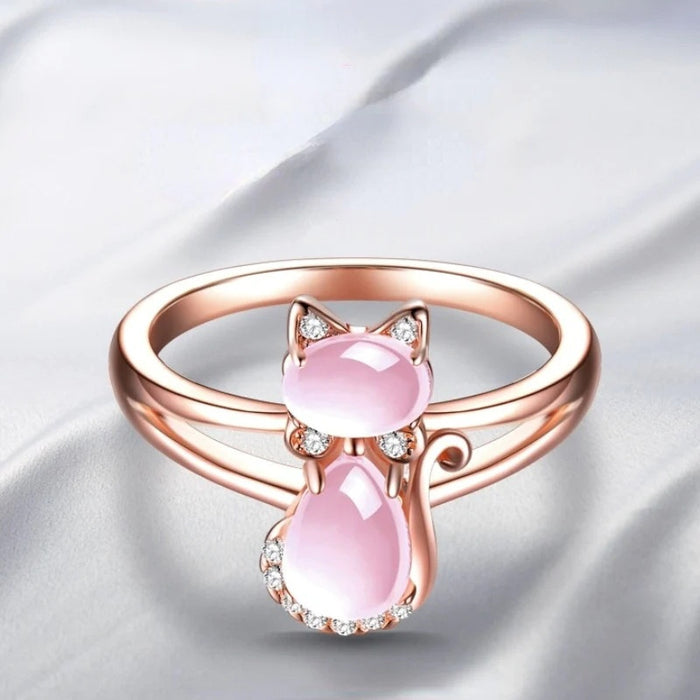 Rose Quartz Cat Ring For Women, Korean Japanese Light Luxury Cute Rose Open Finger Ring Jewelry