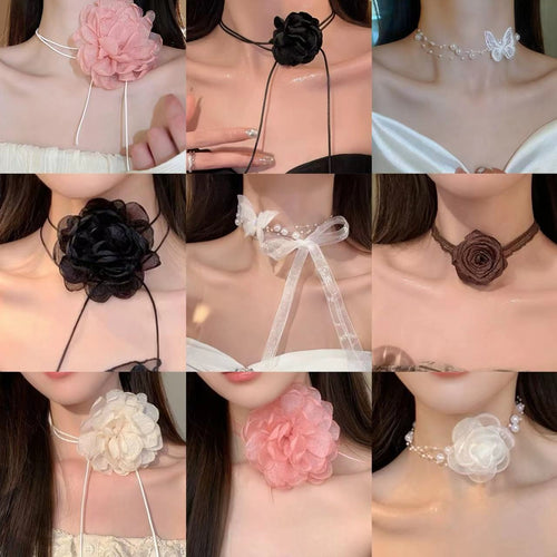 Faux Pearl Floral Mesh Flower Ribbon Choker Necklace Sweet Premium Fashion Neck Jewelry