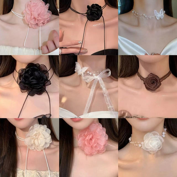 Faux Pearl Floral Mesh Flower Ribbon Choker Necklace Sweet Premium Fashion Neck Jewelry