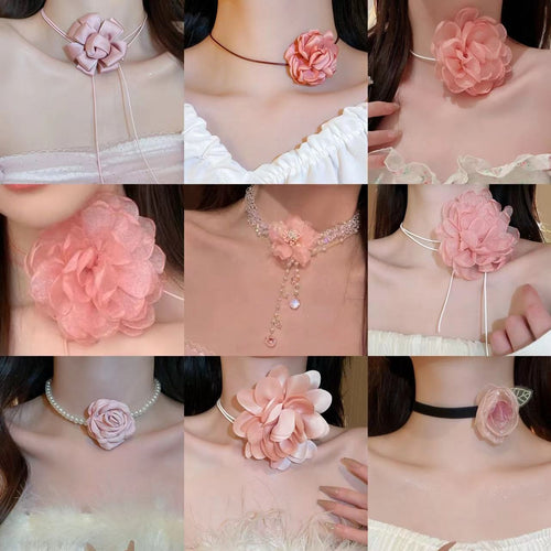 Faux Pearl Floral Mesh Flower Ribbon Choker Necklace Sweet Premium Fashion Neck Jewelry