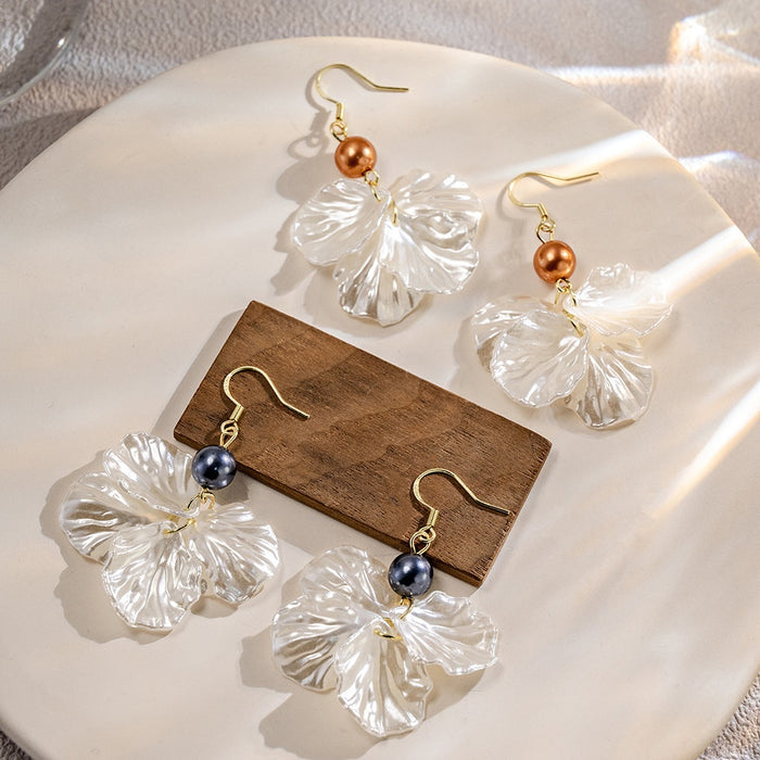 Elegant Acrylic Shell Flower Petal Pearl Bead Alloy Hook Forest Style Dangle Drop Earrings